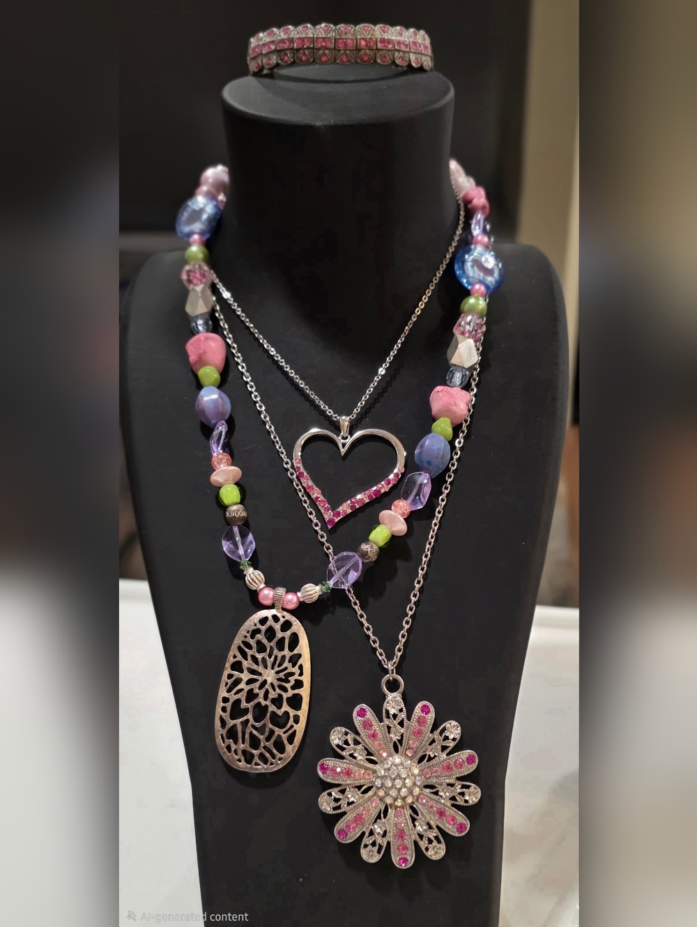 NWT Cookie Lee, Multi-Color & NWOT Floral Necklaces W/ Matching Stretch Bracelet